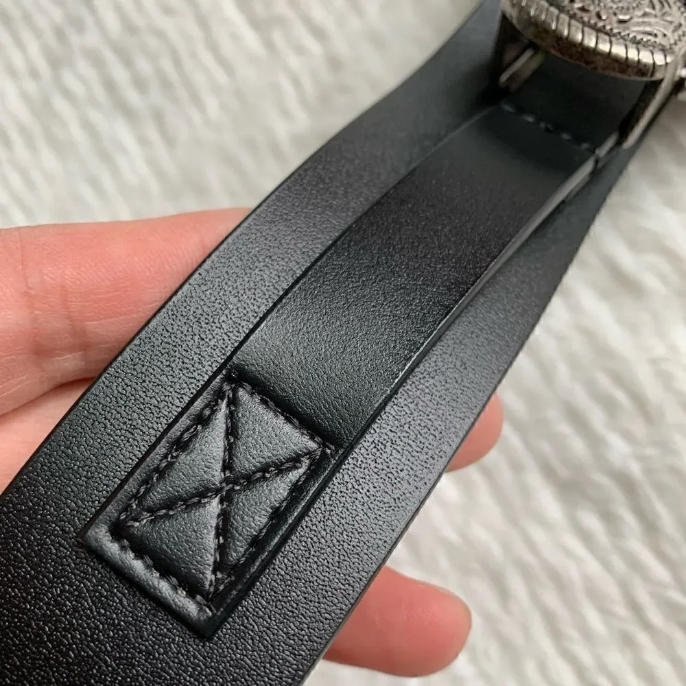 Vintage Style Genuine leather Belt with Floral Engraved Pattern Buckle